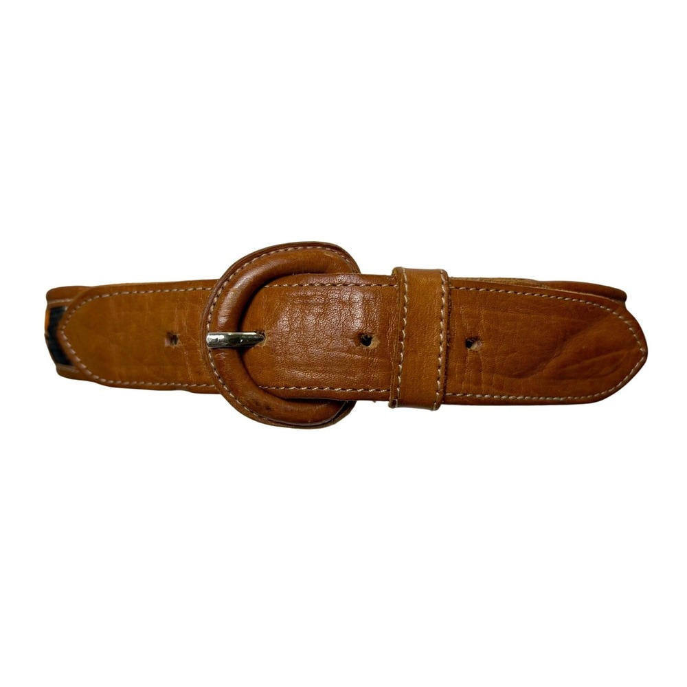 Vintage Handcrafted Tan Leather Woven Textile Boho Belt Multicolor 42 Inch